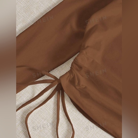 Ruched Drawstring Long Sleeve Brown Top - Picture 4 of 4